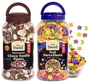 Swad Fruit Stars N Moons & Choco Vanilla Flakes (Multigrain Breakfast Cereal Children Snack) 2 Jars, 675 g