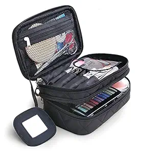 ISVIN Polyester waterproof multifunctional extra large cosmetic bag for women, travel cosmetic bag pouch for Girls, makeup organizer bag for travelling, travel toiletry kit case - Black