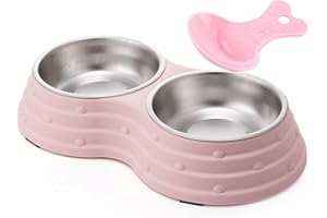 KuTi Kai Double Dog Bowls for Food and Water,Premium Removable Stainless Steel Double Bowls with Non-Slip Bottom and 1 Pet Food Scoop for Pet and Small Dogs Cats etc (Small, Pink)
