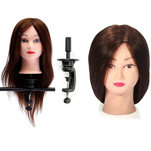 LuckyFine 22 inch 100% Real Long Brown Human Hair Hairdressing Practice Training Head Mannequin + Adjustable Holder