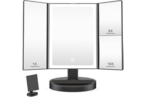 ‎AUXMIR Auxmir Lusterko kosmetyczne do makijażu z 68 diodami LED, 10X/5X/1 x ładowalne lusterko powiększające, ekran dotykowy, bezstopniowe ściemnianie, regulowane kolorami, potrójnie składane, obracane o 180