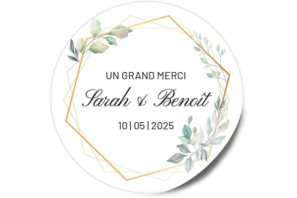 Hidoo Lot de 24 Stickers Personnalisés, Autocollant Mariage, Remerciement, Save the Date, Eucalyptus, Hexagone Floral, Rond, Typographie au Choix, Étiquette Adhésive, Mat ou Brillant, 4cm, Papier
