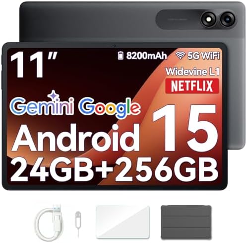 Blackview Tablet 11 Pollici Android 15 Tab 9 WiFi 24 GB (8 + 16 espansioni) RAM + 256 GB ROM (2 TB TF) Gemini AI/8200 mAh/1920 * 1200 FHD IPS Widevide L1/Face ID/Mode PC/Octa-Core Tablet con Cover