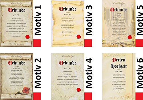 Perlenhochzeit Urkunde persönliche Geschenk Karte zum 30. Hochzeitstag Pergament div. A4 Papier Motive - 8
