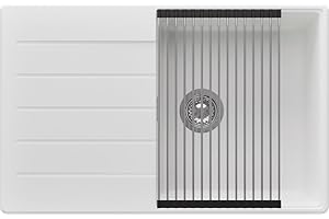 PRIMAGRAN Evier Cuisine en Granit Blanc 78x50cm, Lavabo 1 bac + Kit de Vidage + Égouttoir Enroulable, Évier à Encastrer al mueble 50cm - Copenhague S020