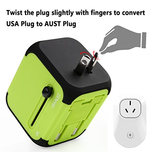 Universal Reiseadapter USB Ladegerät Ladeadapter für US UK AU EU multinationaler ladestecker universal Netzteil mit Dual USB und Schmelzsicherung (Grün) - 4