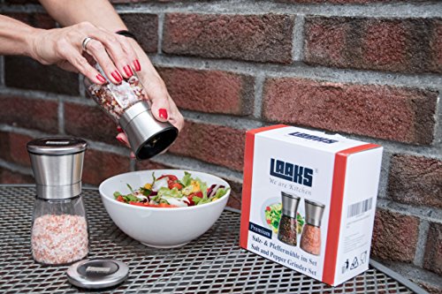 Laaks® Premium Salzmühle / Pfeffermühle im Set. Gewürzmühle aus Edelstahl und echtem Glas in edlem Design mit einstellbarem Keramikmahlwerk für Gewürze, Meersalz, Chili. Kräutermühle Streuer - 5