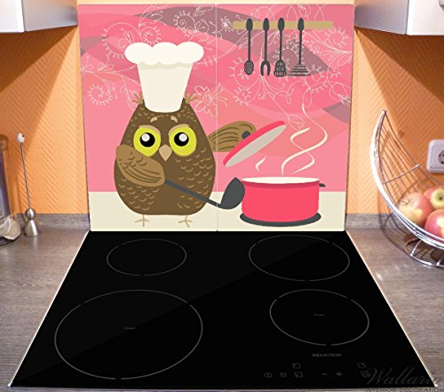Wallario Herdabdeckplatte / Spritzschutz aus Glas, 2-teilig, 60x52cm, für Ceran- und Induktionsherde, Lustige Eule beim Kochen mit Kochmütze - 3