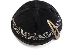 JL Kippha's Negro Bordado de Terciopelo Kippah Yarmulke Judío Yamaka Kippa Israel Cap Judaica c/Clip, 20 cm