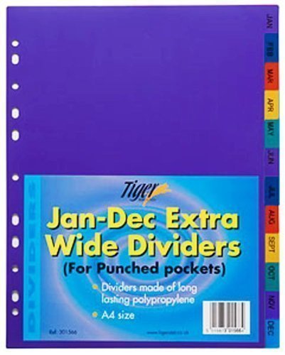 2 X Tiger Extra Wide A4 Dividers Jan-Dec Index Assorted Pack 1 Ref 301566