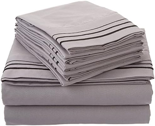 Superior 3000 Series Super Soft and Wrinkle Resistant Microfibre 4-Piece Bed Sheet Set with 3-Line Embroidery in Gift Box, Long Single/Ikea Single, Grey with Black Embroidery