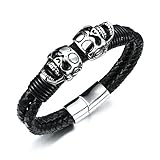 AnazoZ Schmuck Edelstahl Link Armbänder Für Herren Doppel Schädels Punk Rock Leder Silber Schwarz 22CM