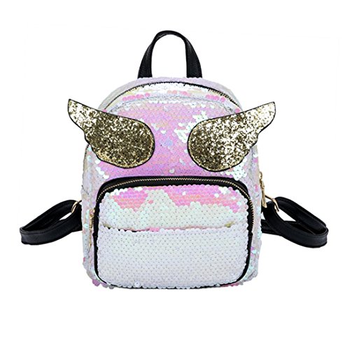 Preisvergleich Produktbild Mädchen Pailletten Laser Leder Schultasche VENMO Umhängetasche Damen Umhängetasche Frauen Schule Stil Pailletten Reisetasche Schultasche Rucksack Tasche Frau Pailletten Rucksack College mode (White)