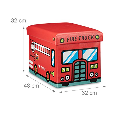 Relaxdays Faltbare Spielzeugkiste Feuerwehr HBT 32 x 48 x 32 cm stabiler Kinder Sitzhocker als Spielzeugbox aus Kunstleder mit Stauraum ca. 37 l und Deckel zum Abnehmen für Kinderzimmer, Firetruck - 4