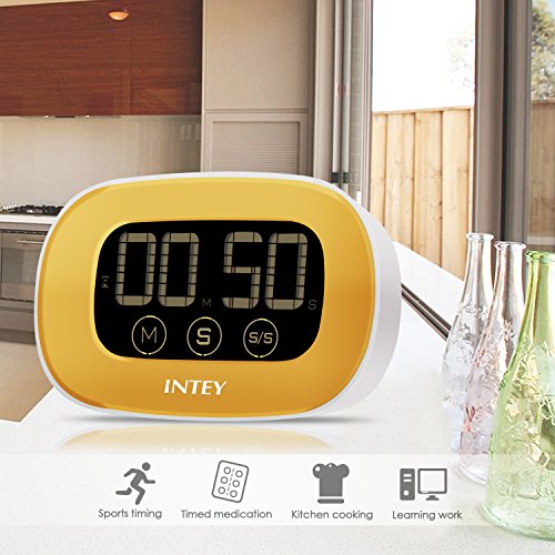 INTEY Küchentimer elektronischer magnetischer Küchen-Timer Küchenuhr (Timer-, Stopp-Uhr-Funktion, Countdown) mit großem LCD Display, lautem Alarm und Touchscreen in Gelb inkl.Batterie … … - 2