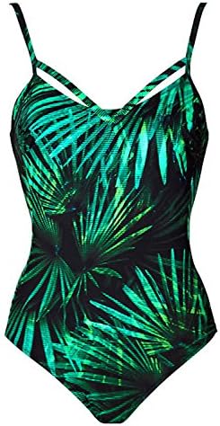 BMJL Home Swimwear Ladies Criss-Cross String Backless Green Leaf Printed One Piece Swim Suit Adjustable Shoulder Strap Swimming Costume for Women
