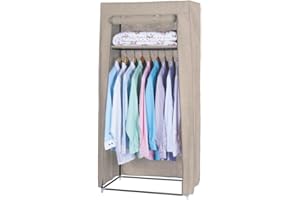 Pratiko Life Armadio in Tessuto con Struttura in Metallo, Guardaroba Pieghevole con Asta Appendiabiti e Copertura Antipolvere, Armadio Salvaspazio Casa Campeggio Ecrù