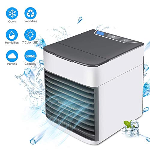 GEEK UP - Mini aire acondicionado refrigerador de aire de bajo consumo portátil, ventilador y humidificador con 3 velocidades de viento y 7 cambios de color (blanco)
