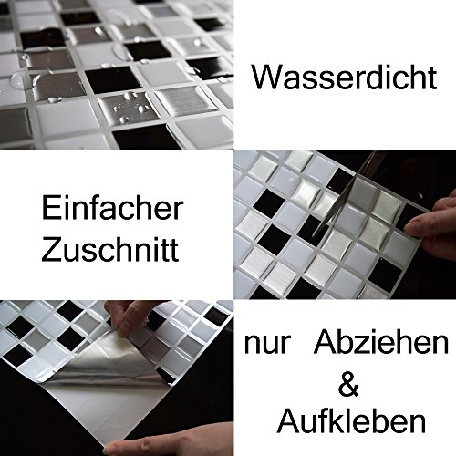 Ecoart Selbstklebende 3D Fliesenaufkleber Wasserdicht Selbstklebend für Küche und Bad – 25,4×25,4cm – Masaik – schwarz, grau und weiß – 6er-Set - 4