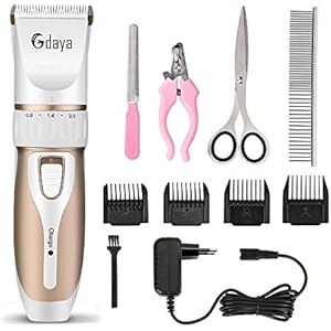 [Gesponsert]Gdaya Tierhaarschneider Kit, Professionelle Geräuscharmer Wiederaufladbare Drahtlose Haustier Hundeschermaschine, Hunde Katzen Schermaschine Tierhaarschneidemaschine Trimmers(Weiß und Gold)