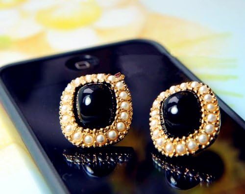 Vintage Antique Baroque style Big Classic Black Gold Square Stud Earrings with Faux Pearl J004