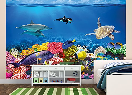 Fototapete Aquarium Wandbild Dekoration farbenfrohe Unterwasserwelt Meeresbewohner Ozean Fische Delphin Korallen-Riff Clownfisch | Foto-Tapete Wandtapete Fotoposter Wanddeko by GREAT ART (336 x 238cm) - 7