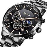 LIGE Herren Uhren Wasserdichte Edelstahl Analoge Quarzuhr Datum Geschäft Klassisch Armbanduhren schwarz