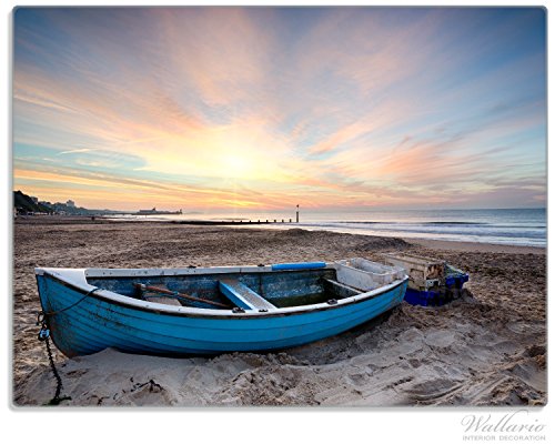 Stilvolle Glasunterlage / Schneidebrett aus Glas, Fischerboot am Strand bei Sonnenuntergang, Größe 30 x 40 cm, kratzfest, aus Sicherheitsglas