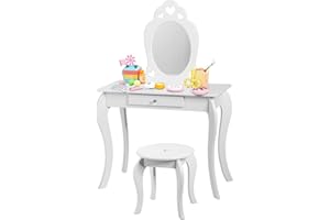 LIFEZEAL Zestaw dziecięcej komody fryzjerskiej ze zdejmowanym lustrem, stolik z lustrem w stylu księżniczki z taboretem, toaletka dla dziewczynek (biały)