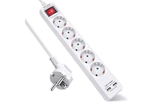 EXTRASTAR Regleta Enchufe con 5 Tomas y 2 Puertos de USB, Alargador Enchufe con Interruptor, 1.5 m, para El Hogar, La Oficina y Los Viajes, 3680W, Blanco, 1pc