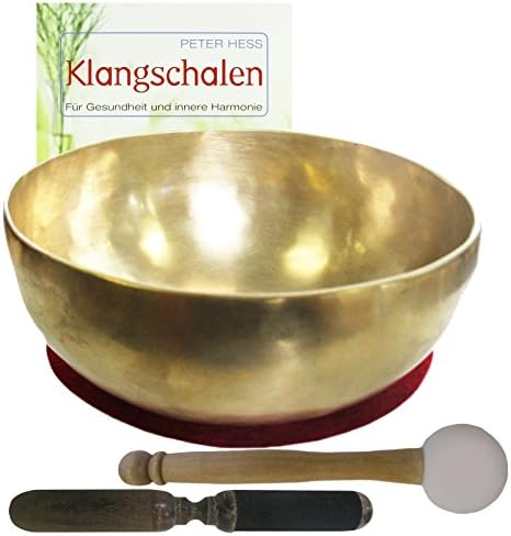 Peter Hess Singing Bowl Nepal Himalaya Singing Massage Set with Four Pieces and Book | Frequency Response: Larynx | Approx. 600 – 700 g 16 – 17 cm Diameter # 70192 | with Cushion/Leather Clapper and Book.