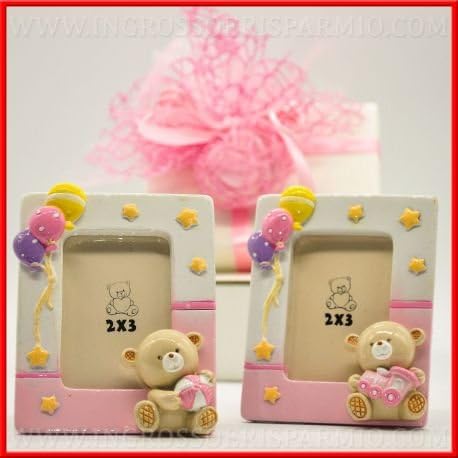 Coloured Resin Photo Frame Glossy Square, Decorated with Small Coloured Balloons And Stars In The Upper Part, while by a Small Teddy Bear In Two Assorted varianit in the Lower Part, Pink Girl – Wedding Favours Birth, Christening, First Birthday kit 3 pz. Rosso In Scatola