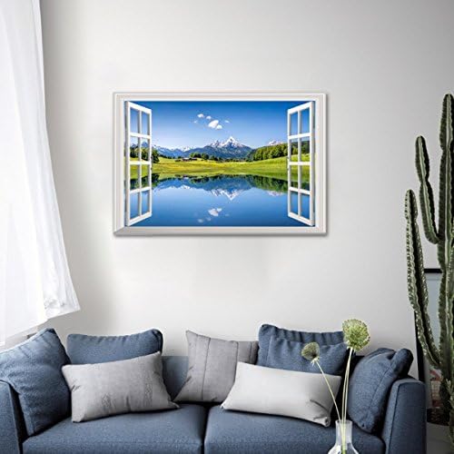3D Fake Windows Wall Stickers Grassland Snow-capped Mountains Living Room Bedroom Decoration Self-adhesive Stickers Removable Waterproof PVC