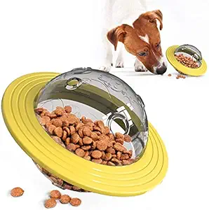 W9 Pet Dog Food Feeder UFO Toy Ball, Puppy Flying Disk Food Dispenser Ball,Dog IQ Treat Ball Toy with Frisbee Rotating Dog Planet Treat Toy (Yellow)