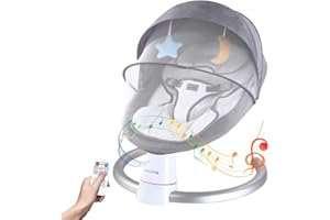 Uuoeebb Baby Bouncer with Bluetooth, Baby Bouncer from Birth with 5 Swing Speed, 3-Stage Timer and Remote Control, Swing Chair from Birth with 2 Plush Toys & Soft Padded Newborn (Grey)