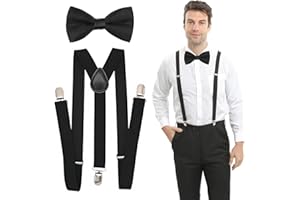 WOXJENA Bretelles Hommes Femmes, Bretelles Extra Fortes, Bretelles Cuir Pantalon de Ski pour Large，Pantalon de Travail，avec 3 clips métalliques très forts et nœud papillon