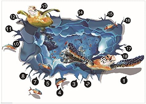 Underwater World Series Sea Turtle Theme 3D Wall Stickers Wall Decals Wallpaper Removable Wall Decor Decorative for boys and girls' bedroom living room decorating 60*90cm (1 set of 2)