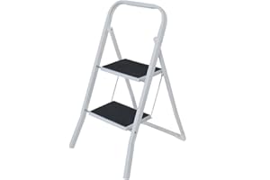 MSV - Escabeau Pliant 2 Marches en Acier - Capacité 150 kg - Norme GS Sécurité - Design Compact et Pliable, Gain de Place - Pieds Antidérapants - Noir et Blanc