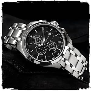 Modern Analog Watch, Silver and Black Two-Tone Stainless Steel Band, Octagonal Case, White Dial for Men