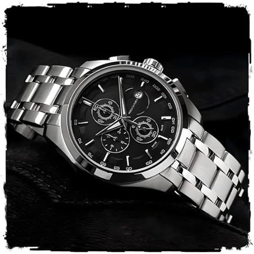 Modern Analog Watch, Silver and Black Two-Tone Stainless Steel Band, Octagonal Case, White Dial for Men
