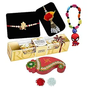 Natali Traders Rakhi Combo Set For Your Bhaiya-Bhabhi and Kid With Chocolate Ferrero Rocher Box(pack Of 4 ) Rakhi Greeting Card and Wooden Roli Chawal Chopra Pack-Traditional-Rakhi Bracelet