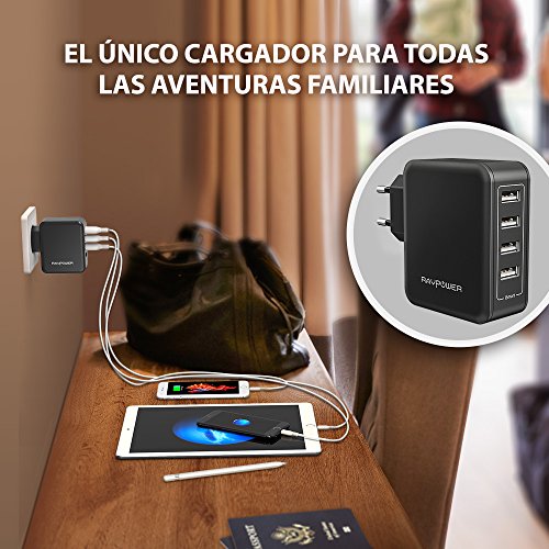 RAVPower Cargador de Pared con 4 Puertos 40W  USB iSmart 2 0  Conector Retr  ctil  Entrada 100-240V  Salida DC 5V   8A M  x  en Total y DC 5V   2 4A m  x  por puerto  - Negro