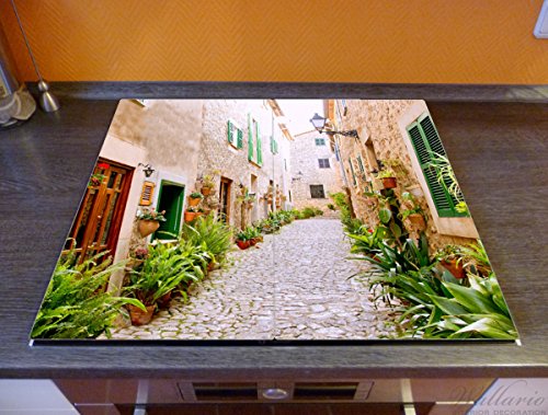 Wallario Herdabdeckplatte / Spritzschutz aus Glas, 2-teilig, 60x52cm, für Ceran- und Induktionsherde, Südländische Gasse mit alten Häusern und grüner Oase - 2