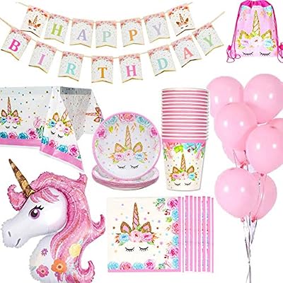 Jolily Décorations Anniversaire Licorne Pack Fournitures Vaisselle 16 invités 1 Nappe Housse 16 Tasses 16 Assiettes 16 Serviettes 1 bannière Happy Birthday 1 Licorne géante 10 Ballons Roses