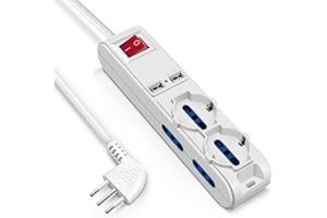 Mscien Multipresa con USB, 6 Posti 2 Polivalenti (schuko 10/16A) 4 bivalenti 10/16A, 2 Prese USB 2A Colore bianco, Cavo 1.5 m - Spina 16A