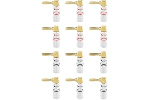 Nakamichi 24K vergoldeter Bananenstecker 12-18 AWG Gauge Größe 4mm für Lautsprecher Verstärker Hi-Fi AV Receiver Stereo Heimkino Audiokabel Stecker (12 Stück (6-Paar), Rechtwinkliger Stecker)