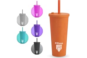 Filliano Bicchiere con cannuccia e coperchio Tumbler a doppia parete, Bicchiere per bevande 710ml Caffè, Tè, Borraccia con cannuccia , tazza con tappo , Tumbler con cannuccia