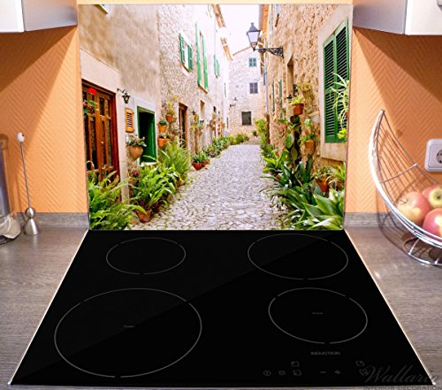 Wallario Herdabdeckplatte / Spritzschutz aus Glas, 2-teilig, 60x52cm, für Ceran- und Induktionsherde, Südländische Gasse mit alten Häusern und grüner Oase - 3