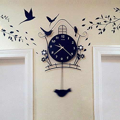 KKLOCK Wall Clock Metall Mute Quartz Sweep Clock Double power with Pendulum Slient for Living Room Bedroom Kitchen AA Battery Black Birds and Flowers American Country Style Round with Abric Numerals 20 Inch (Battery not included)