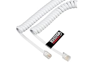 rhinocables RJ10 Coiled White Phone Cable (2m) Anti-Tangle Curly Handset Cord for BT Landline, Fax & Office | 4-Core Full Copper Wire with Gold-Plated 4P4C Connectors | 2m, 3m & 5m Options (1 Pack)